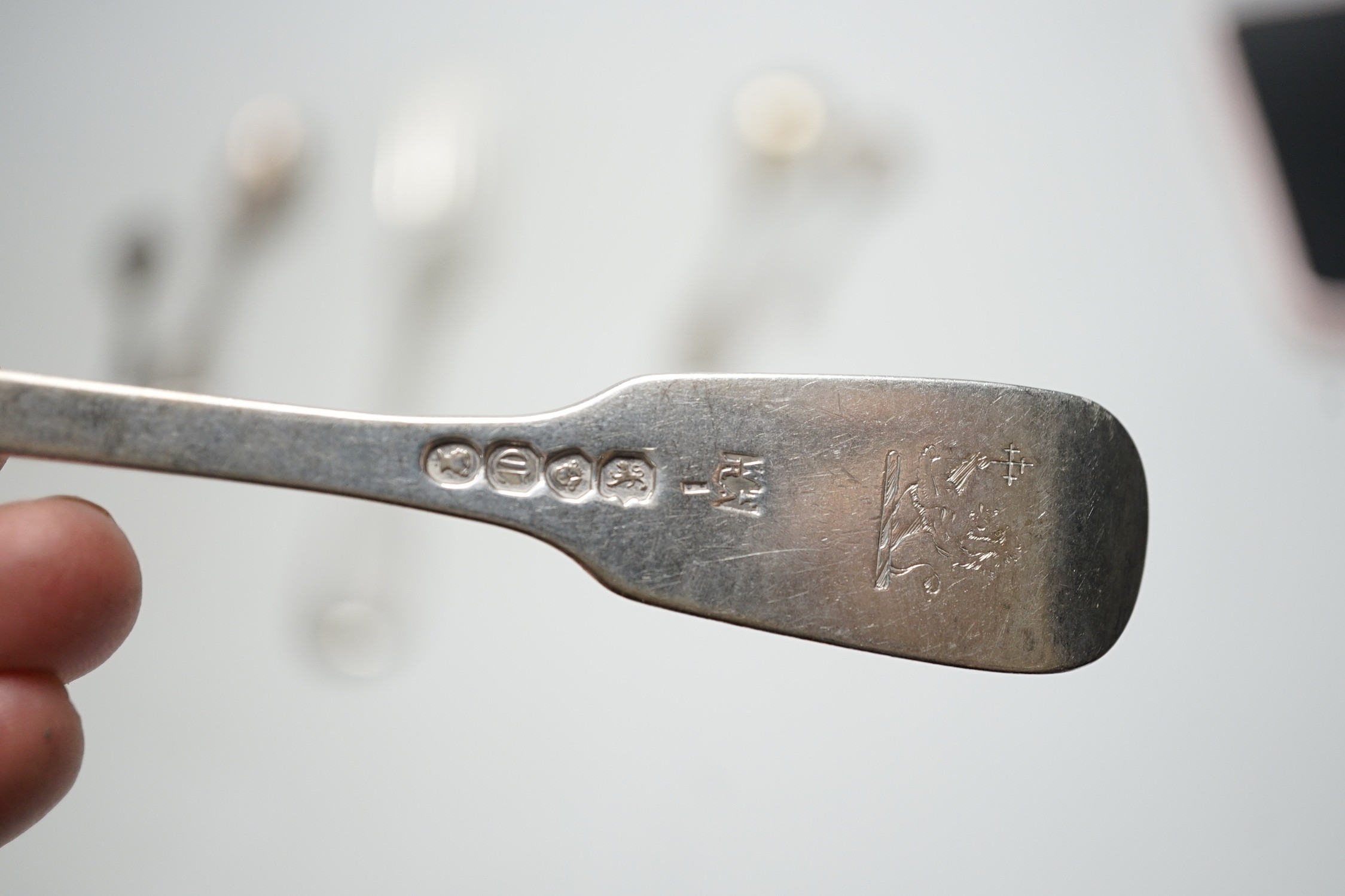 A set of six Victorian silver fiddle pattern tablespoons, William Eaton, London, 1841, a set of six similar table forks, London, 1838 and a quantity of assorted 19th century and later silver cutlery, various dates and ma
